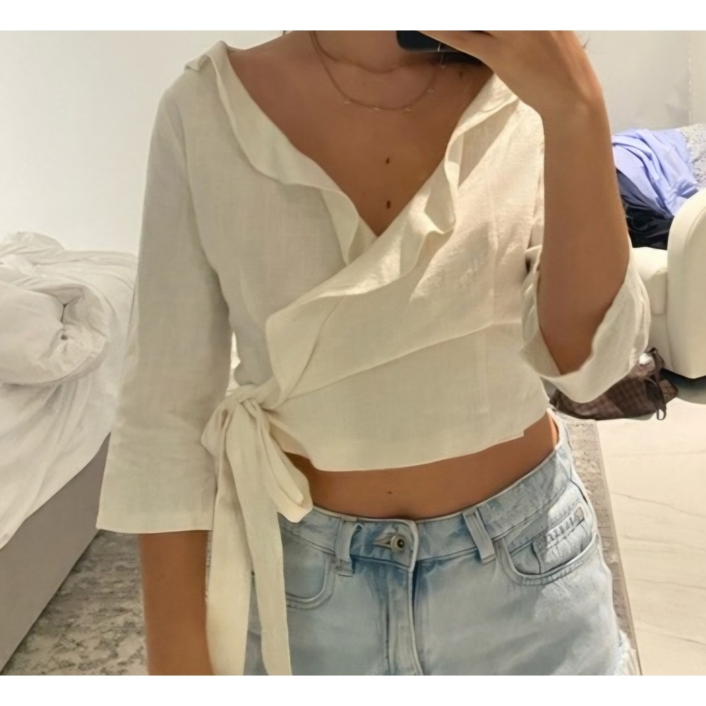 White Linen Ruffle Wrap Top Cropped 3/4 Sleeve Tie Waist Blouse Womens